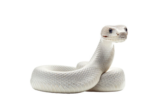 White Snake Statue Resting on White Floor. On a White or Clear Surface PNG Transparent Background..