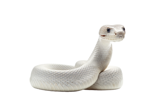 White Snake Statue Resting on White Floor. On a White or Clear Surface PNG Transparent Background..