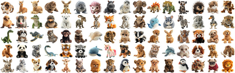 Obraz premium Big set of cute fluffy animal dolls for nursery and children toys, many animal plush dolls photo collection set, isolated background AIG44