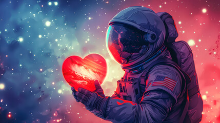 Astronaut floating in space holding glowing heart, love to the universe on valentines day or Cosmonautics day. Greeting card, poster design. environment, Earth protection concept. Copy space - obrazy, fototapety, plakaty