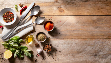 Spices on wooden table with cutlery