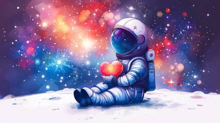 Cute Astronaut Holding Heart in open space. Love Universe, cosmos. Cosmonautics day greeting card, lovely cosmic poster. Cartoon Illustration. Spaceman explore gravity. Copy space - obrazy, fototapety, plakaty