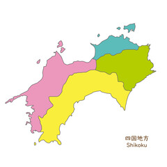 四国地方、四国地方の各県の地図、カラフルで明るい