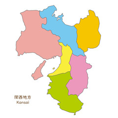 関西地方、関西地方の各県の地図、カラフルで明るい