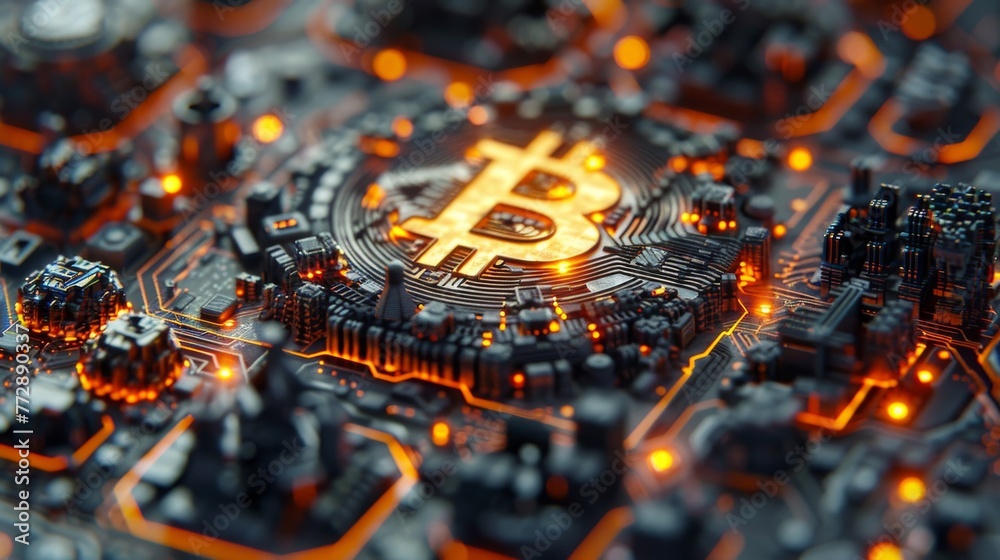 Poster an electronic board pattern combined with a bitcoin symbol represents an online cryptocurrency tradi