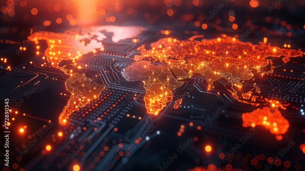 Poster An electronic board pattern and a world map depicting global networking or digital technology communication