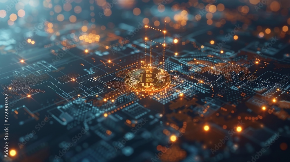Poster The graph and chart of bitcoin are presented in blueprint drawing style, as an investment concept for cryptocurrencies