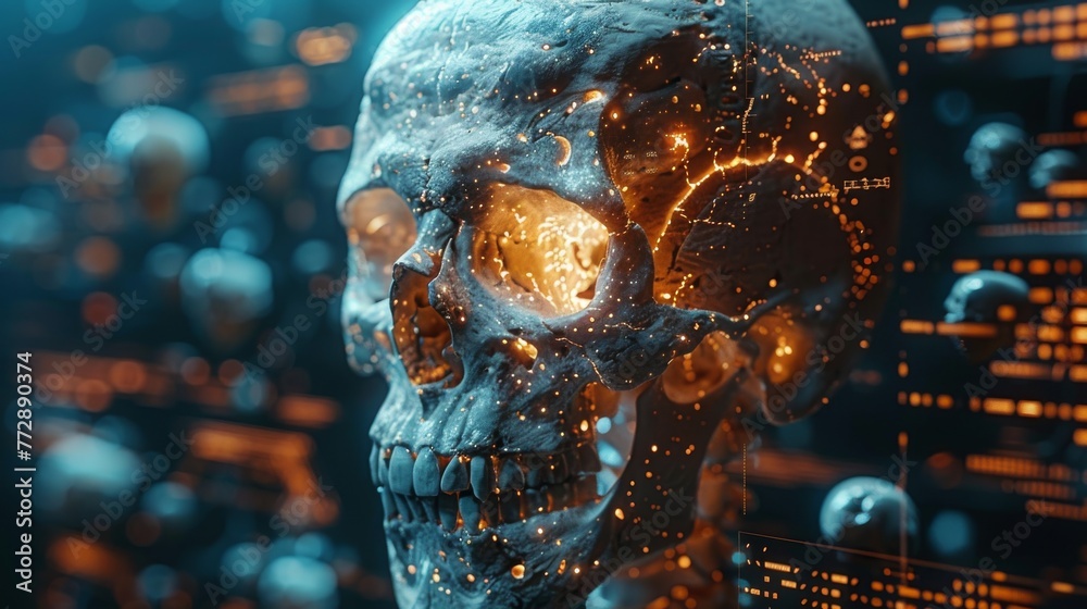Aufkleber An illustration of a realistic skull with a digital analysis interface, representing a concept of health care technology