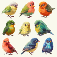 set of watercolor birds stickers isolated on white background. Different birds illustration. Collection of cute colorful little birds. Print design, poster