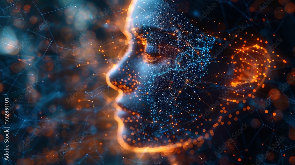 Poster A digital interface with a brain scan representation of a human face as a health care technology concept