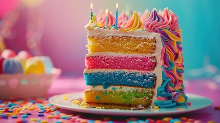 A birthday cake with a vibrant and colorful design, featuring a rainbow of frosting colors and a variety of toppings,