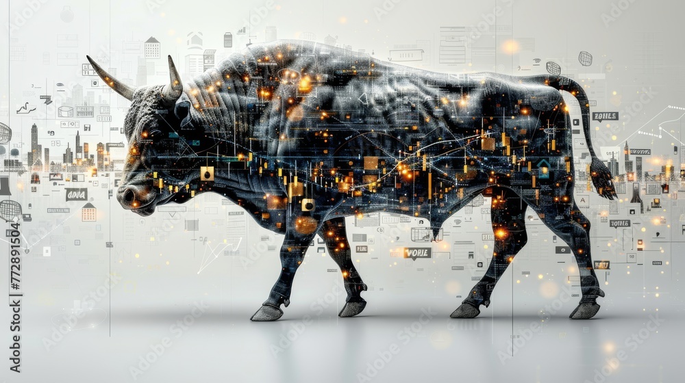 Aufkleber combined shape of the bull with candles and business finance icons to represent bullishness in stock