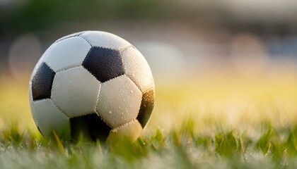 A rain-soaked soccer ball lies on the grass of the soccer field. close up