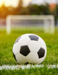 Fototapeta premium A soccer ball lying on the grass of a soccer field. close up