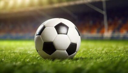 Obraz premium A soccer ball lying on the grass of a soccer stadium. close up