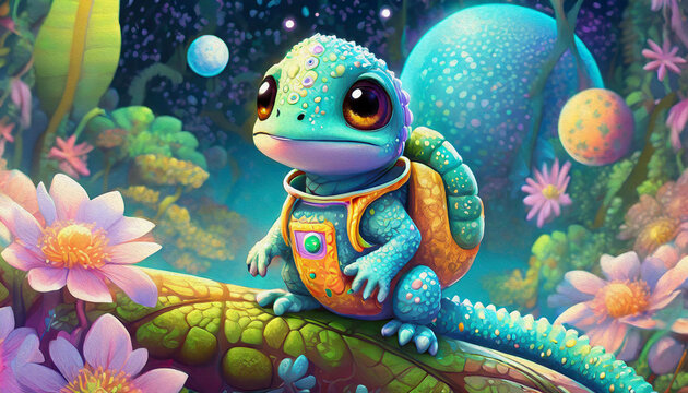 Oil painting style cartoon character baby lizard Astronaut Adrift in the Vastness of Space