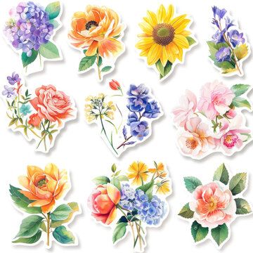 Beautiful floral sticker set with watercolor summer wild field flowers. Clip art. Botanical collection of wild and garden plants. different wild flowers, pink, blue, yellow, leaves, bouquets, branches
