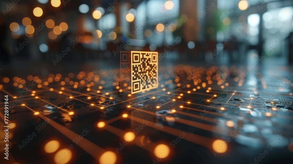 Leinwandbilder A mobile phone with a QR code that interacts with a digital interface in an online shopping scenario