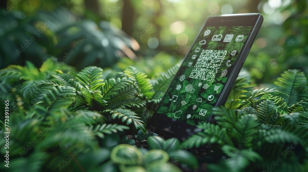 Aufkleber qr code technology concept, realistic mobile phone with business icons