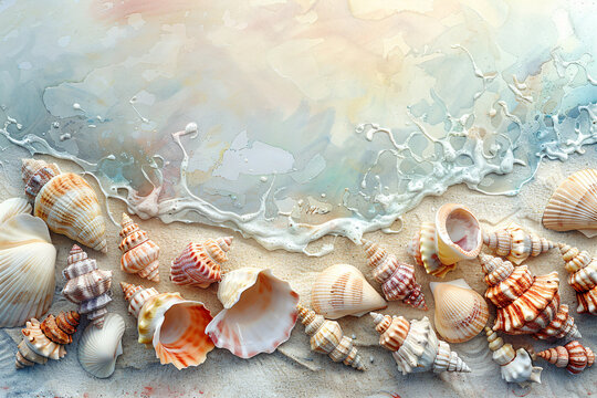 Variety of seashells and sea stars on a beach sand background with wave pattern. Marine life flat lay with space for text.