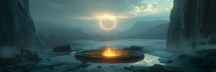  A fantastic picture a hanging ring above the fir,
Warding circle glowing against a shadowy threat
 - obrazy, fototapety, plakaty