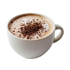 A white mug topped with hot chocolate and a generous sprinkle of cocoa powder.