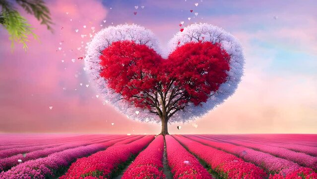 Tree of love in the flower field with butterflies