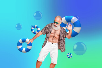 Photo collage picture happy funky dancing pensioner vacation disco clubbing leopard shirt torso holiday weekend drawing background