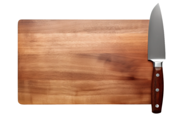 Wooden Cutting Board With Knife. On a White or Clear Surface PNG Transparent Background..