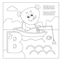 Cute Bear and boat. Transport and animals. Letter B. Coloring page. Alphabet, card with cute cartoon style characters. ABC. Education for children. Preschool activity. Vector illustration.