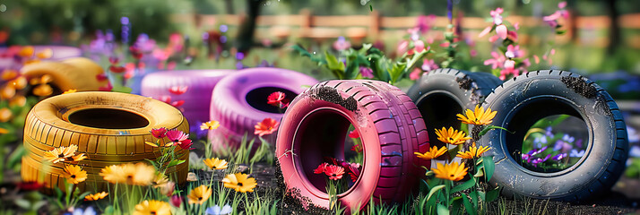Garden creativity with recycled tires, transforming everyday objects into vibrant planters for a green space