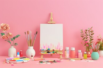 A colorful painting is displayed on a wooden easel in front of a blue wall - obrazy, fototapety, plakaty