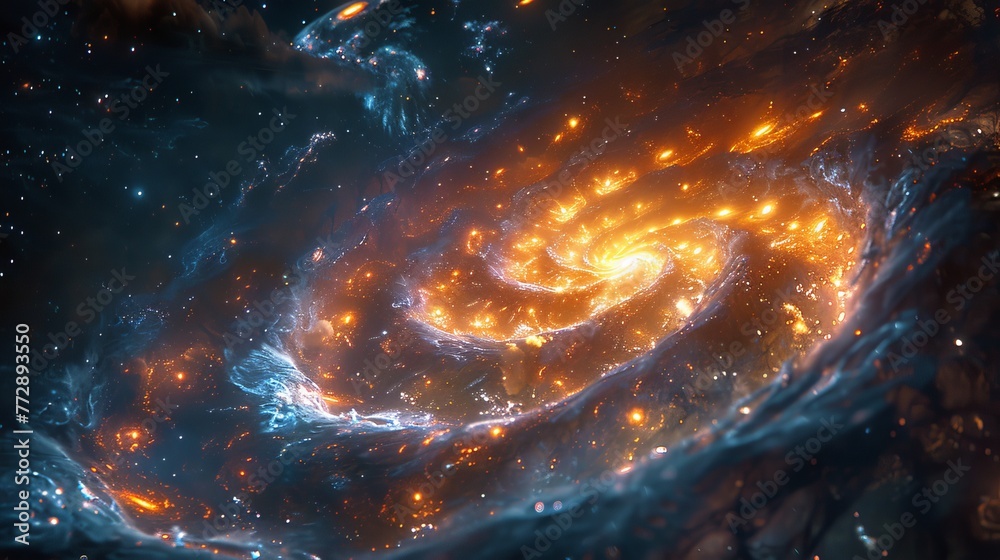 Poster the spiral clock represents the space of time in the universe and is framed by a galaxy star backgro
