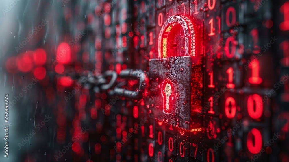 Poster Image of a padlock with chain on a background of digital binary code, depicting cyber security