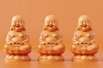 Three statues of Buddha are sitting on a table