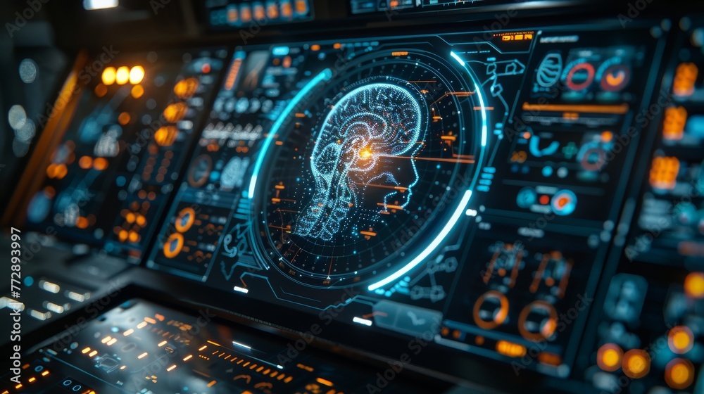 Aufkleber medical technology concept, mri scan with an interface for digital brain analysis
