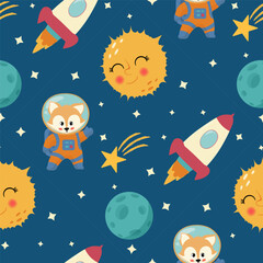 Space hand drawn seamless pattern. Space baby background. Children doodle vector illustration. Seamless pattern with cartoon space rockets, planets, stars,