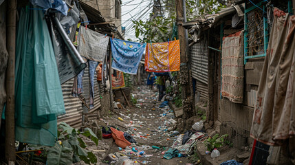 A narrow, litter-strewn lane between makeshift houses, where a single clean line of laundry hangs, symbolizing resilience and dignity.