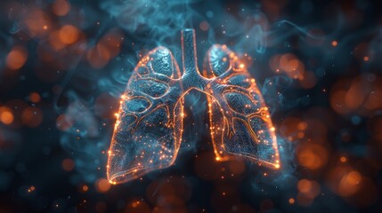 The lungs are pictured with analysis data in a medical health care technology concept