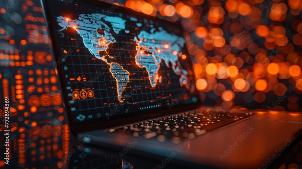 Poster Technology icon and digital futuristic world map with computer desktop and laptop concept