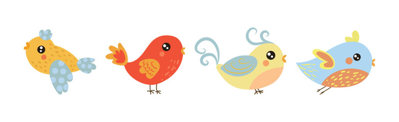 Cute Little Birdie with Colorful Feather Vector Set