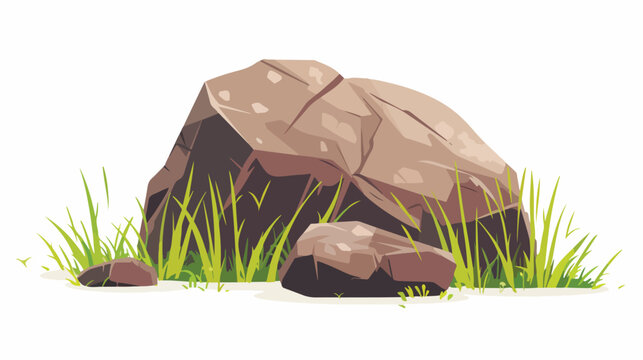 Brown Stone Boulder and Grass Blades Vector