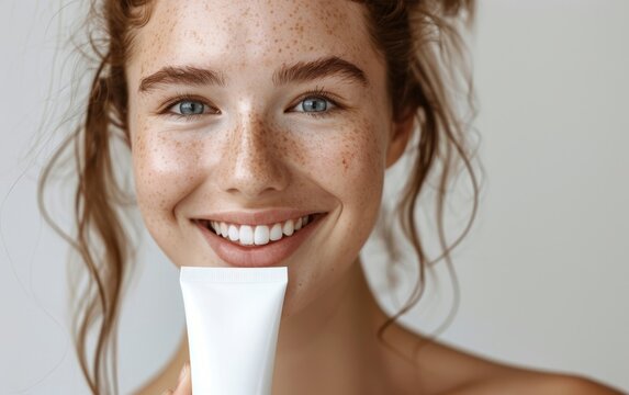 Happy Young Woman with Skincare Product.