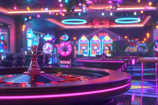 A casino with neon lights and a roulette table