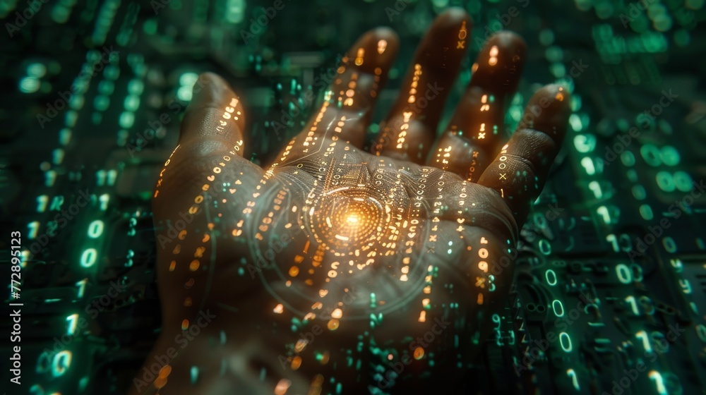 Fototapete An image of a digital handprint on a background of binary code as a concept of cyber identification
