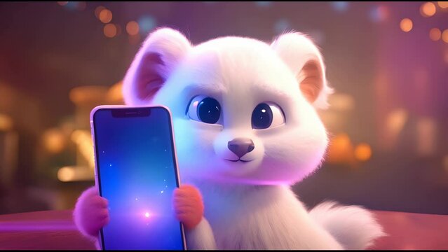 A cartoon dog is holding a cell phone in its mouth