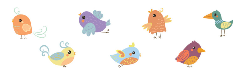 Cute Little Birdie with Colorful Feather Vector Set