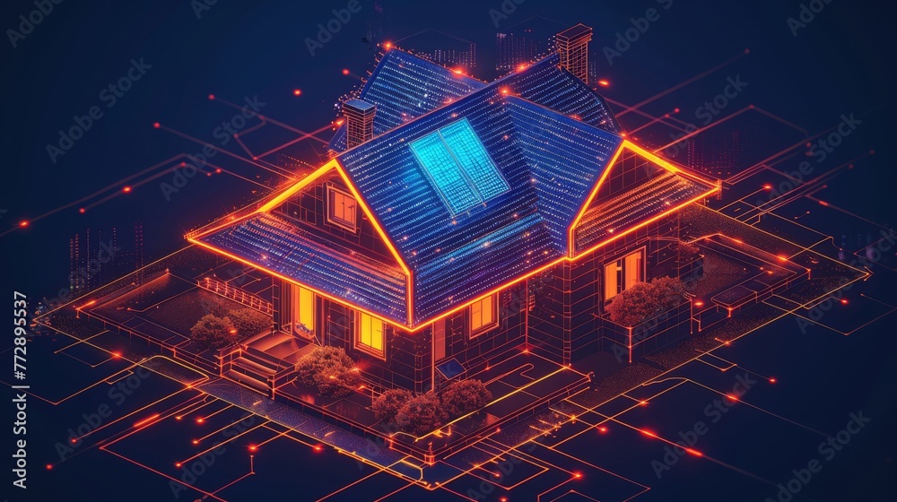 Poster Isometric view of a smart home and mobile device with futuristic digital interface