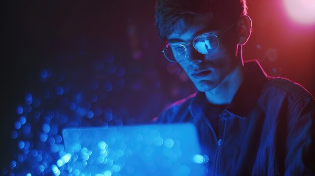 A man works at a laptop surrounded by digital effects and holograms