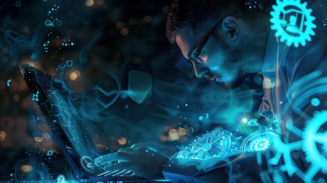 A man works at a laptop surrounded by digital effects and holograms